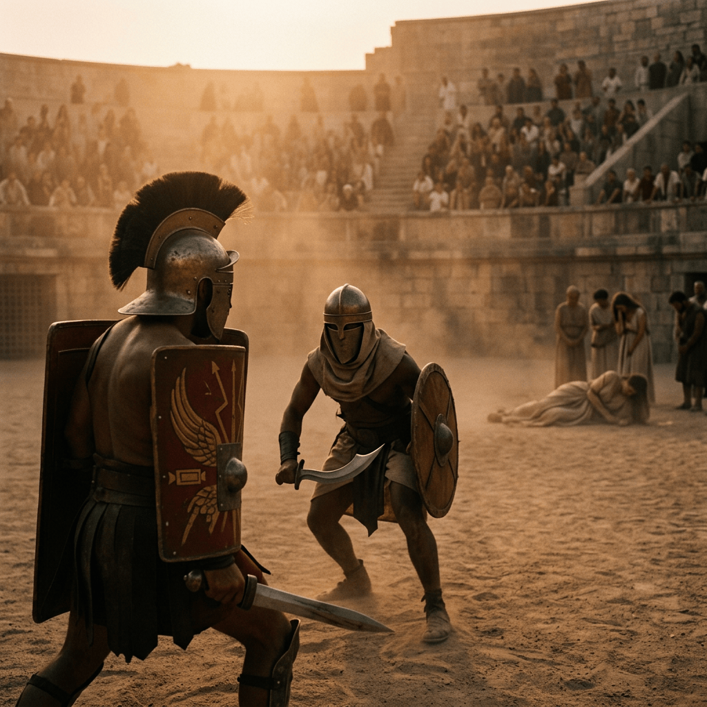 Two armored gladiators duel with swords and shields in an ancient arena