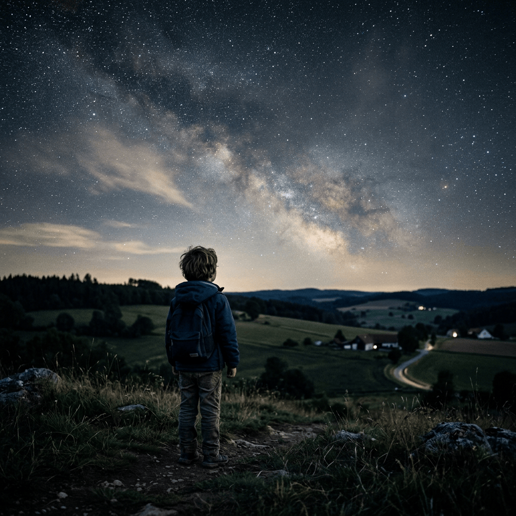 Child with backpack gazing at the Milky Way over a rural valley