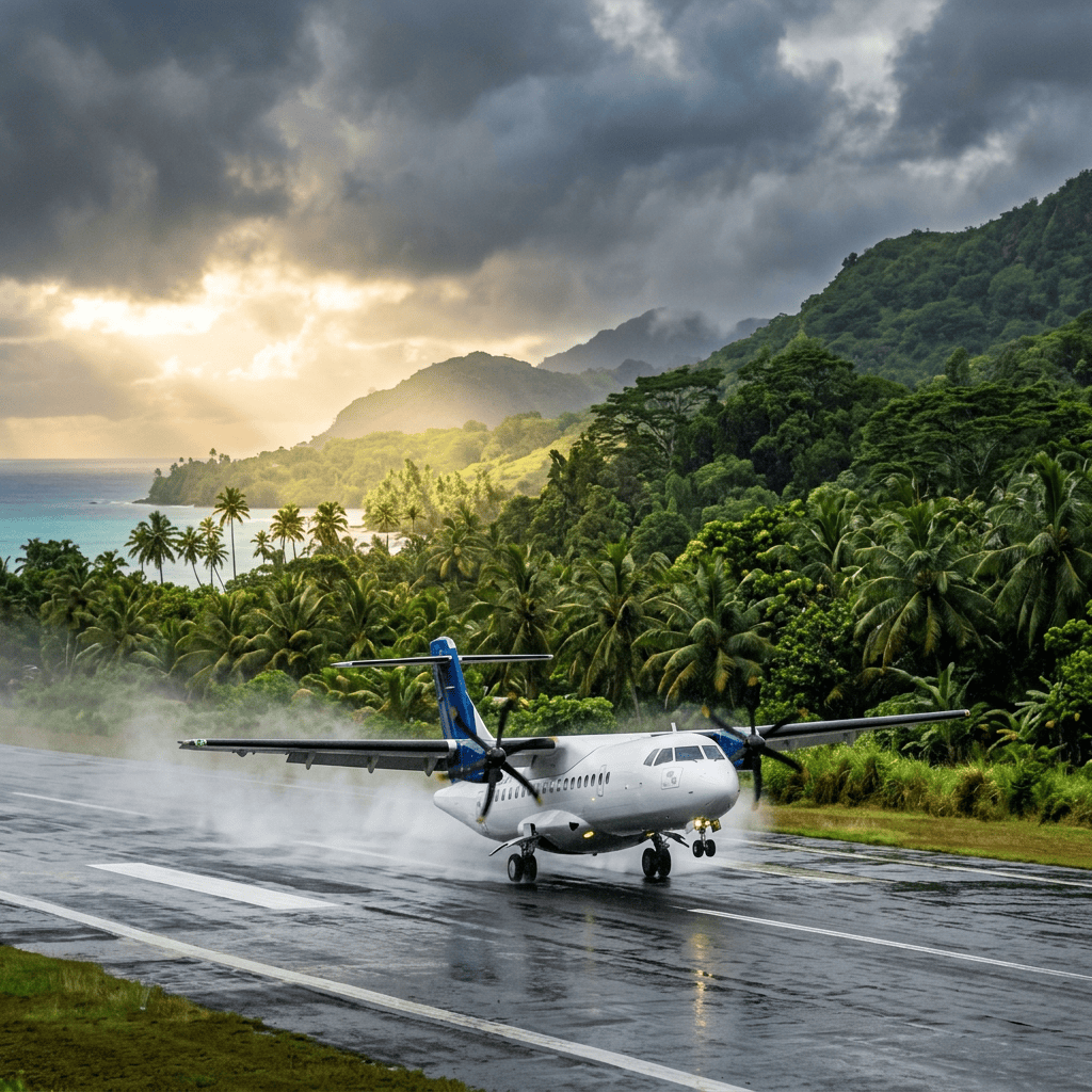 Twin-propeller airplane landing on a wet tropical runway