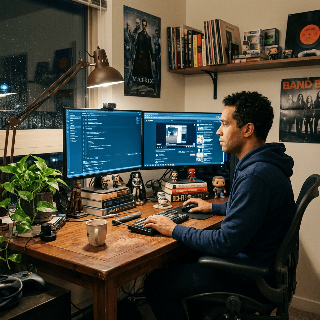 Developer coding at a dual-monitor home office desk