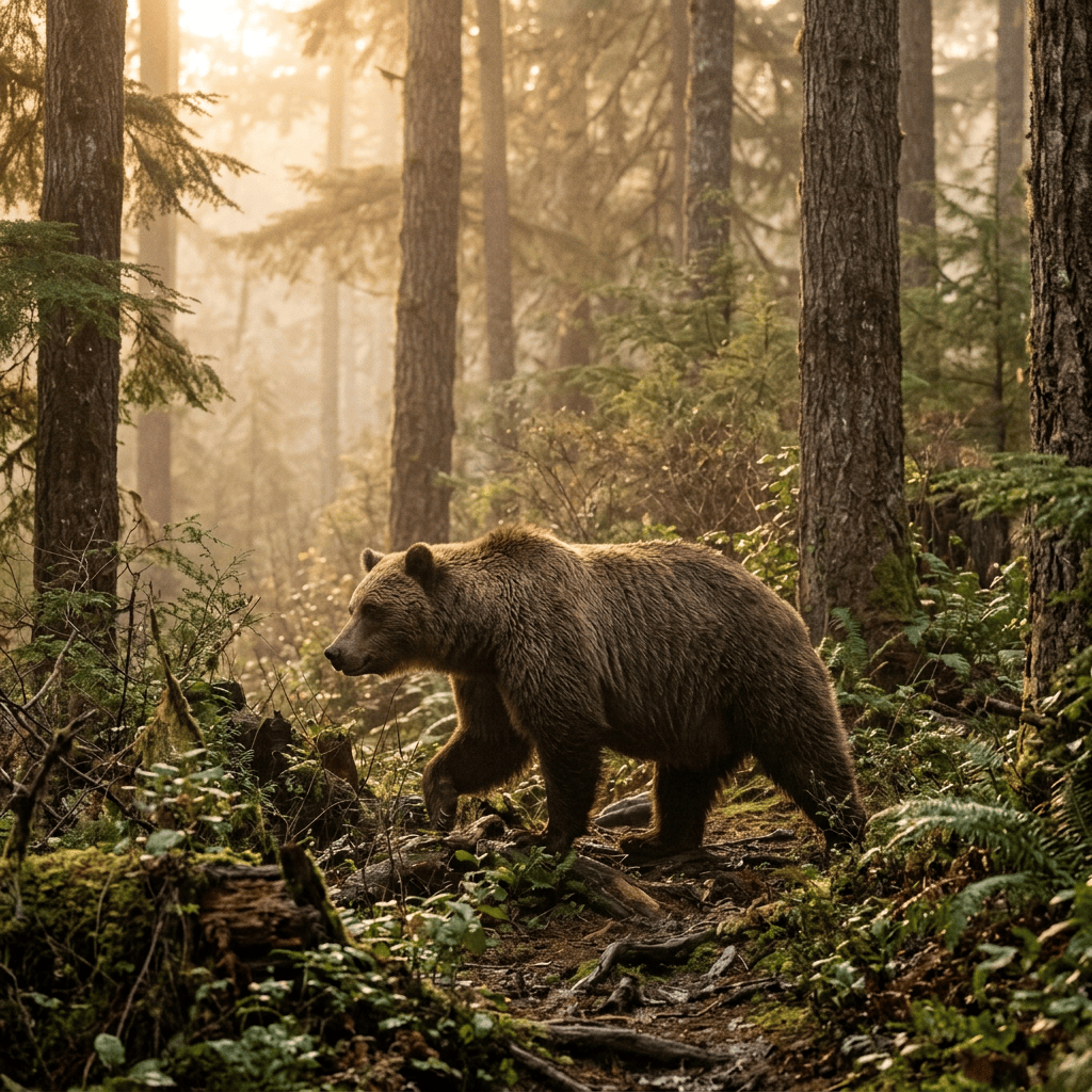 Brown bear walking along a mossy forest trail