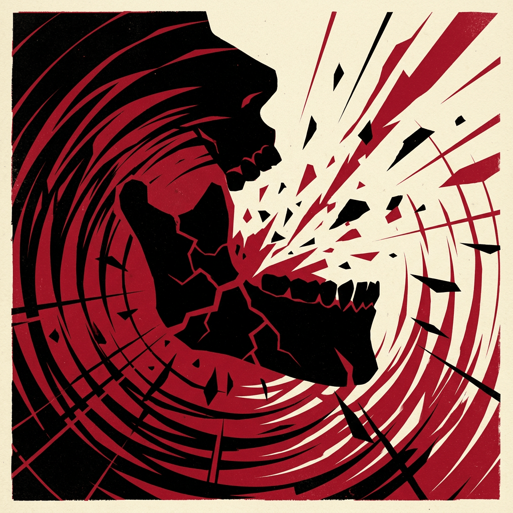 Abstract black and red profile surrounded by radiating shards