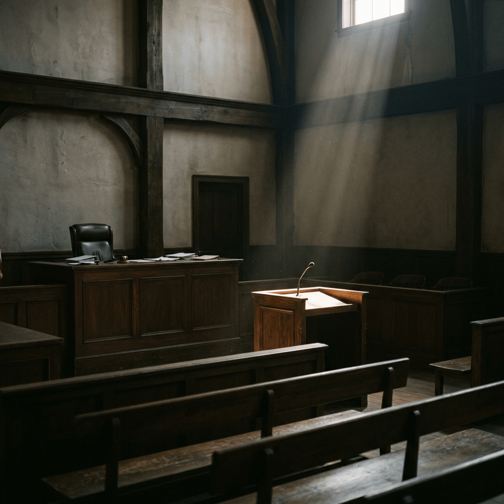 Empty historic courtroom with judge’s bench, lectern, and sunlight
