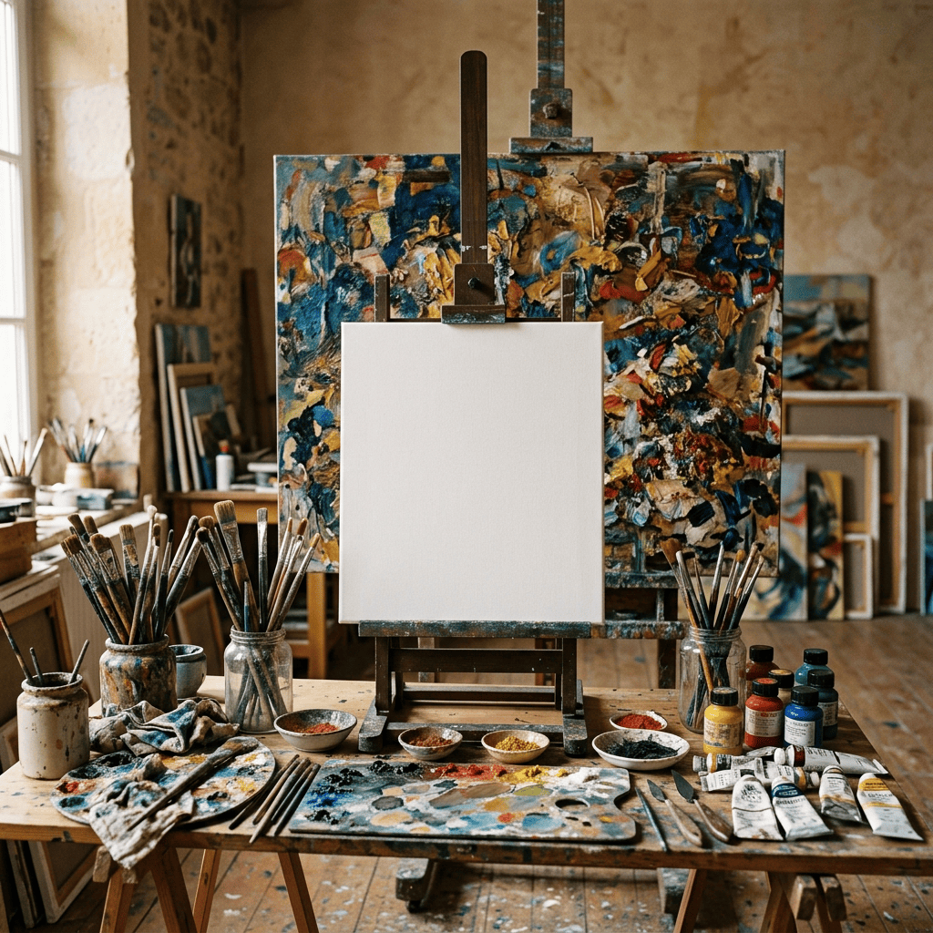 Blank canvas on an easel surrounded by brushes, paints, and palettes