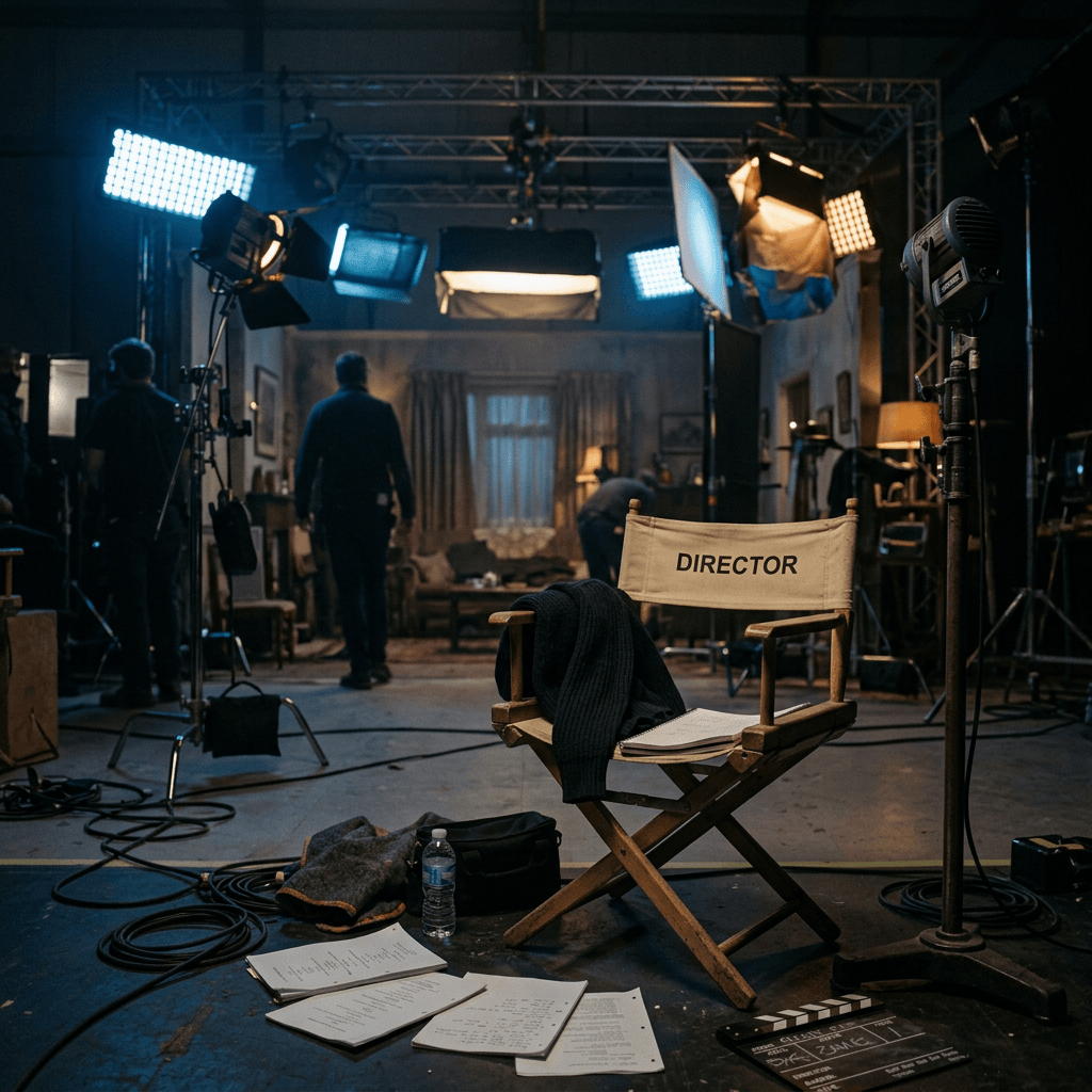 Director’s chair on a film set surrounded by lights, cables, and scripts