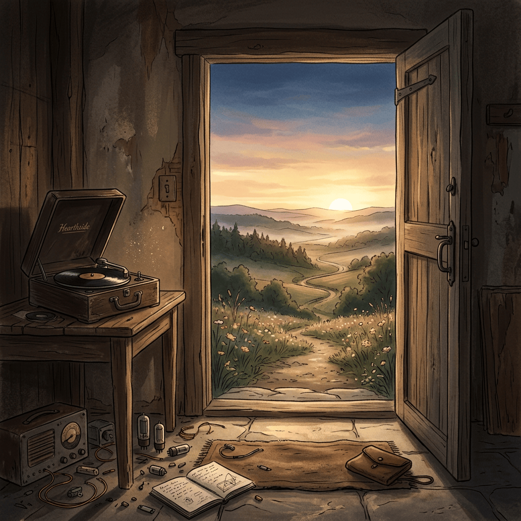 Open doorway to sunset valley beside phonograph labeled Hearthtide
