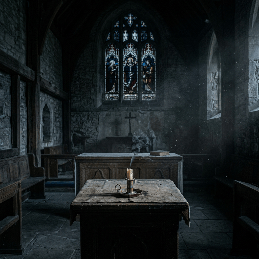 Candle burning on an altar inside a dark stone chapel
