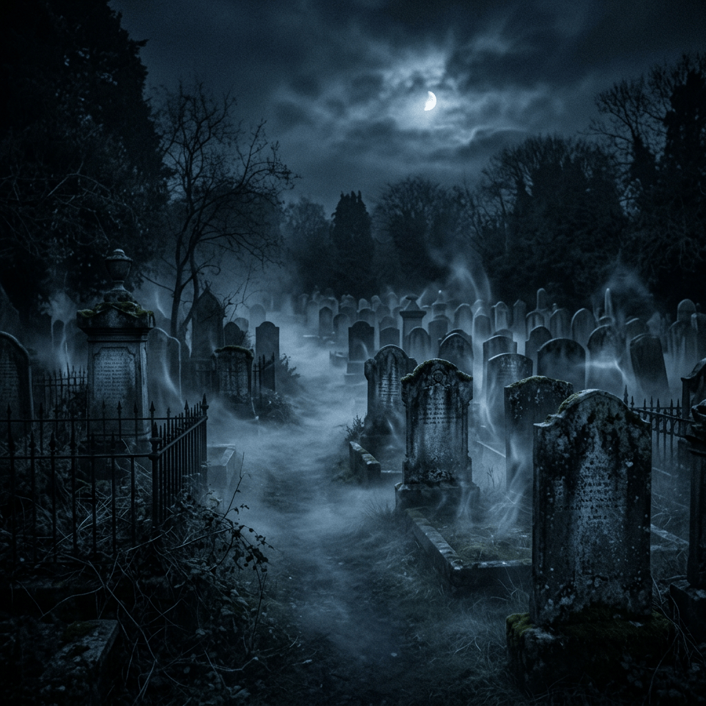 Foggy cemetery with moss-covered gravestones beneath a crescent moon