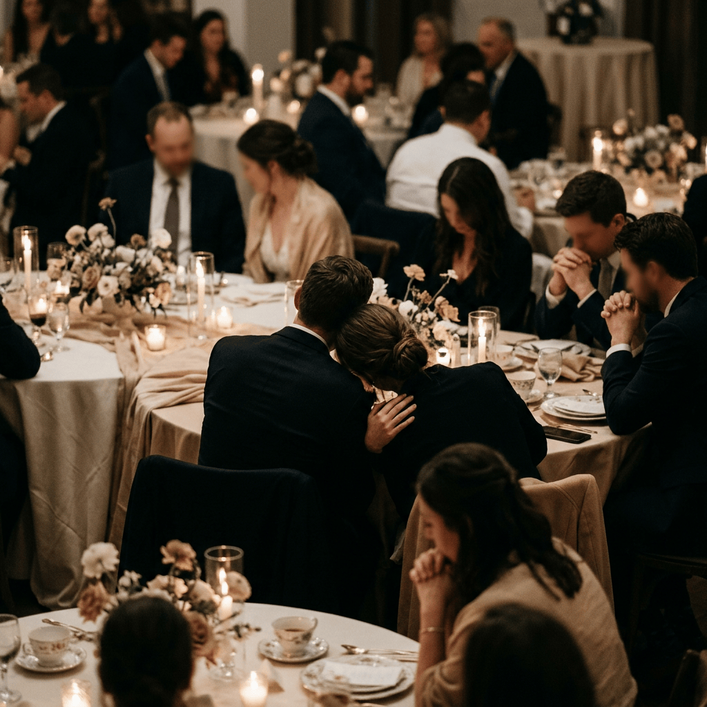Guests seated at candlelit tables during an elegant wedding reception