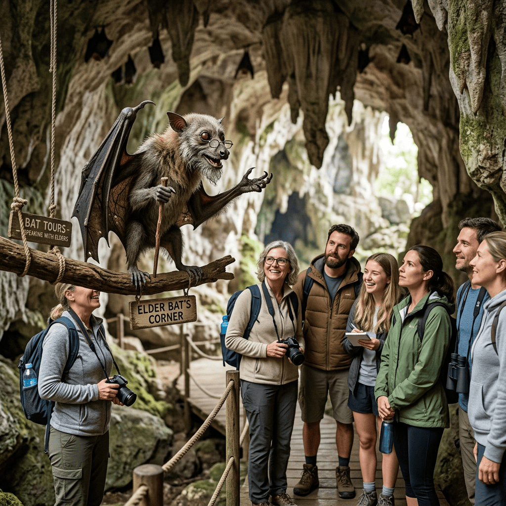 Bat Tours—Speaking with Elders; Elder Bat's Corner; visitors and bat guide