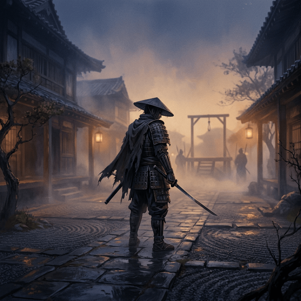 Armored samurai walking through a misty lantern-lit village with drawn sword